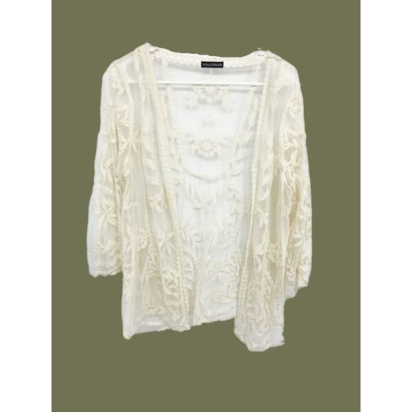 Nina Leonard White Laced Embroidered Mesh Swimwear Coverup Cardigan 3/4 Sleeve - Picture 1 of 5